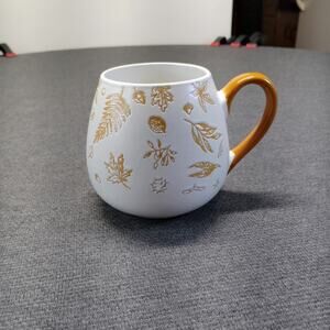 Walgreens Autumn Gold Leaf Embossed Stoneware Coffee Mug Fall Acorn Cup